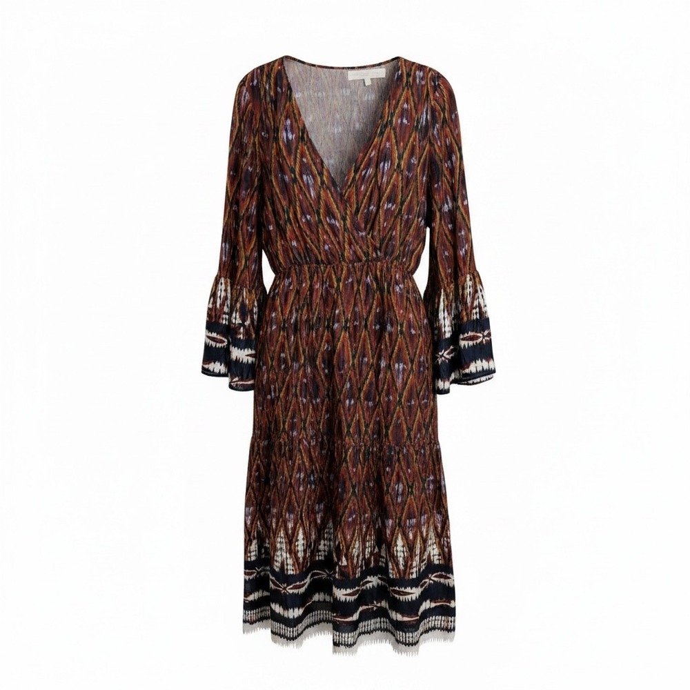 Vanessa Bruno Dress Womens 38 Multicolor Ikat Silk Blend Wrap Midi Bell Sleeve